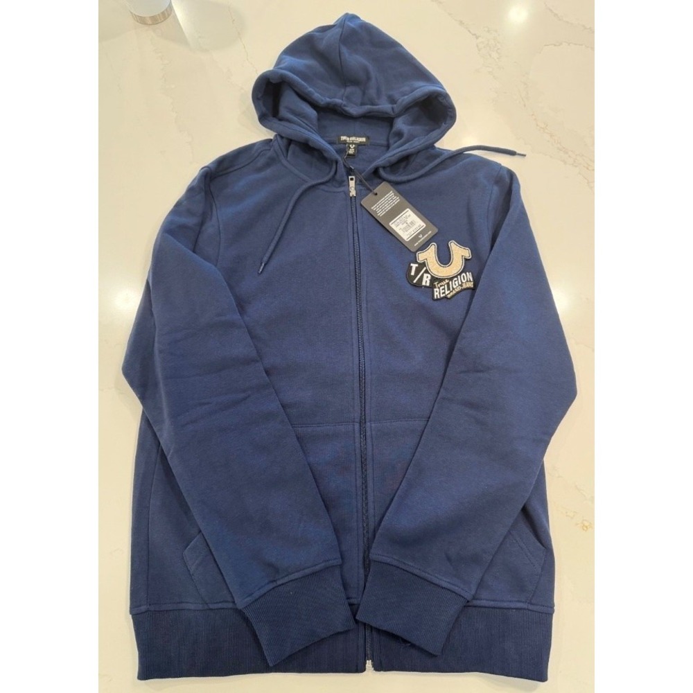 True Religion Full‎ Zip Hoodie Mens Size M Blue Embroidered Patch NWT Logo